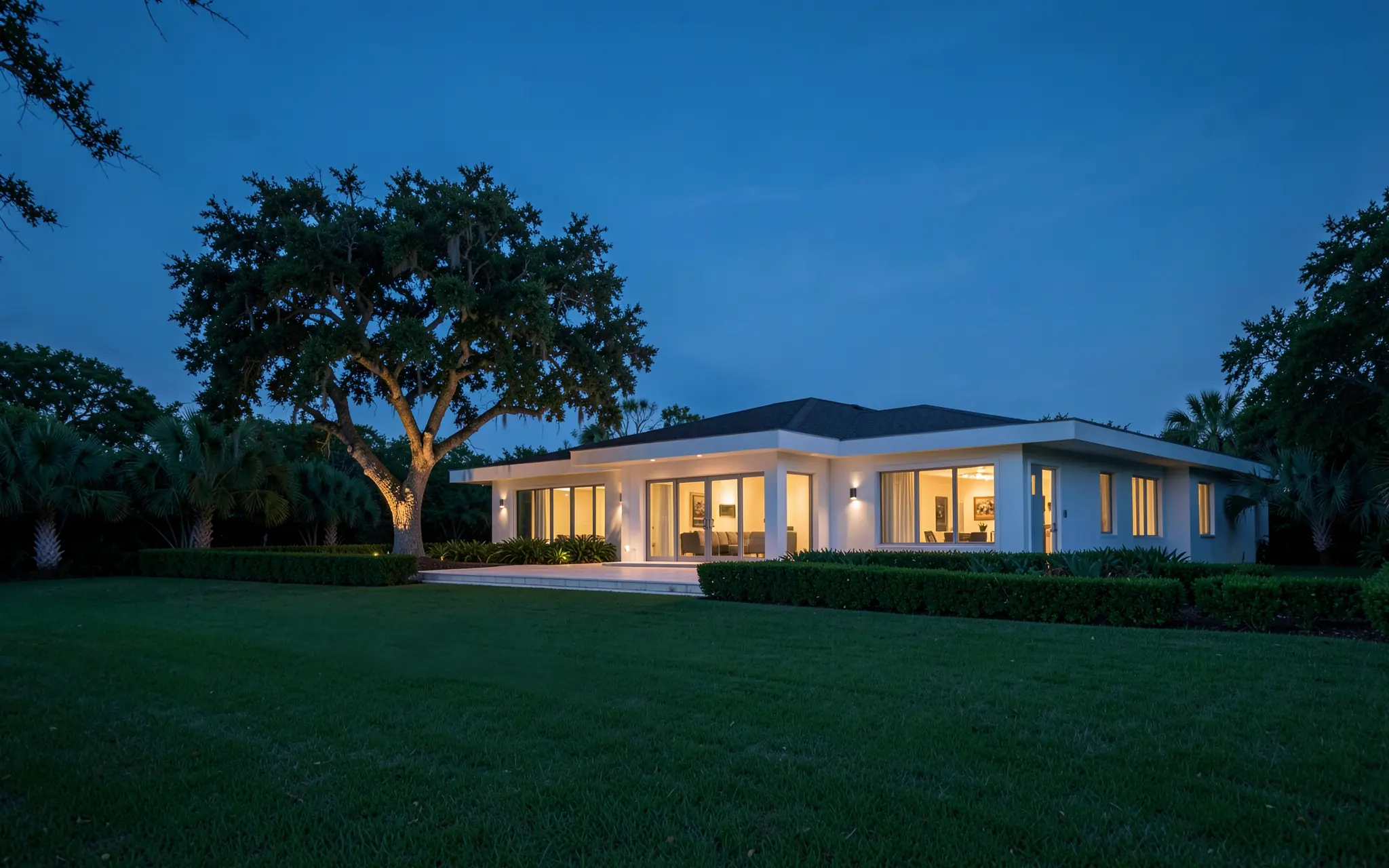 An estate lawn at blue hour with an uplit live oak before a softly lit white house (illustrative, generated).