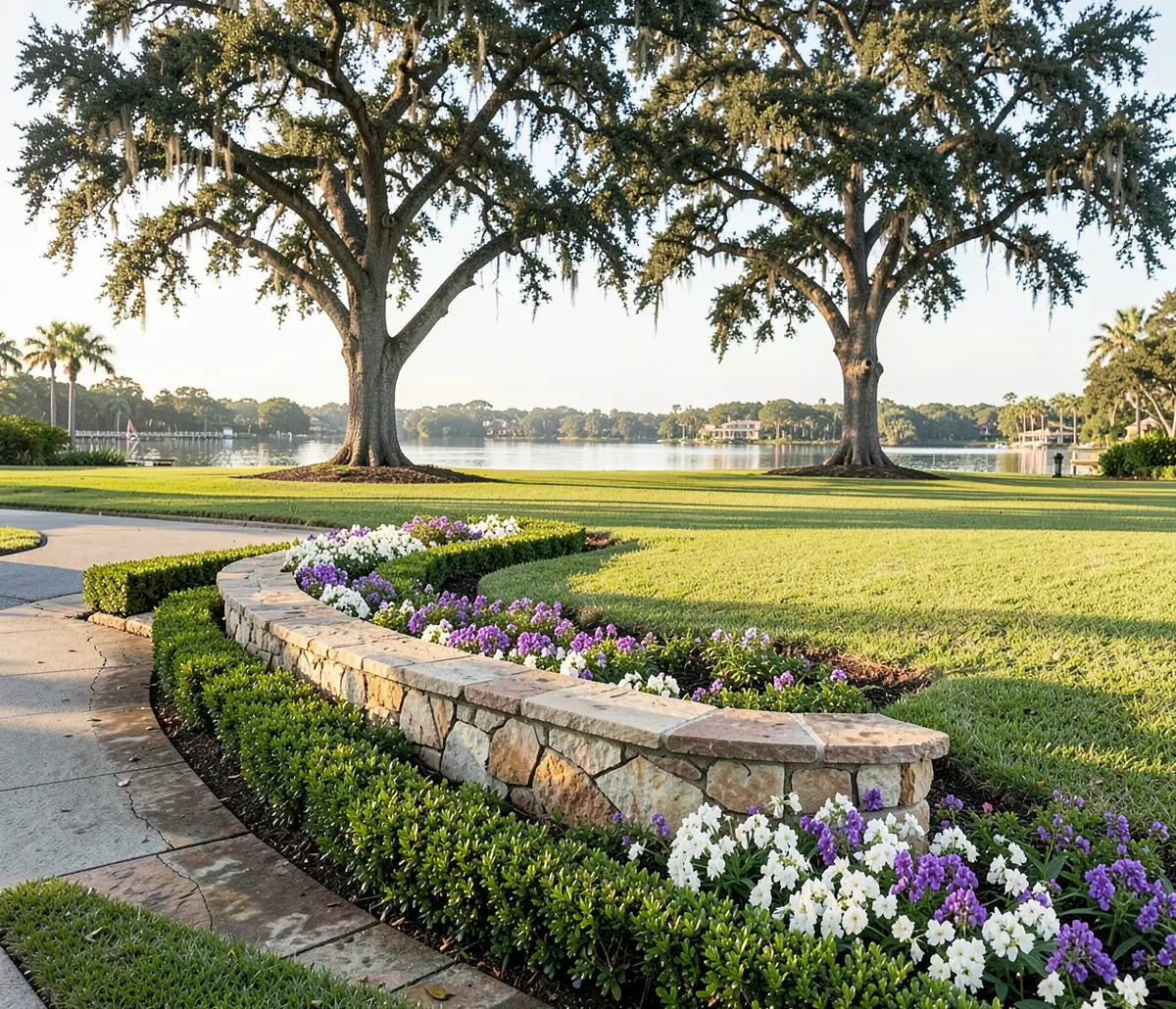 A condominium entrance: a curved limestone wall in clipped hedges before two live oaks and a lake (illustrative, generated).