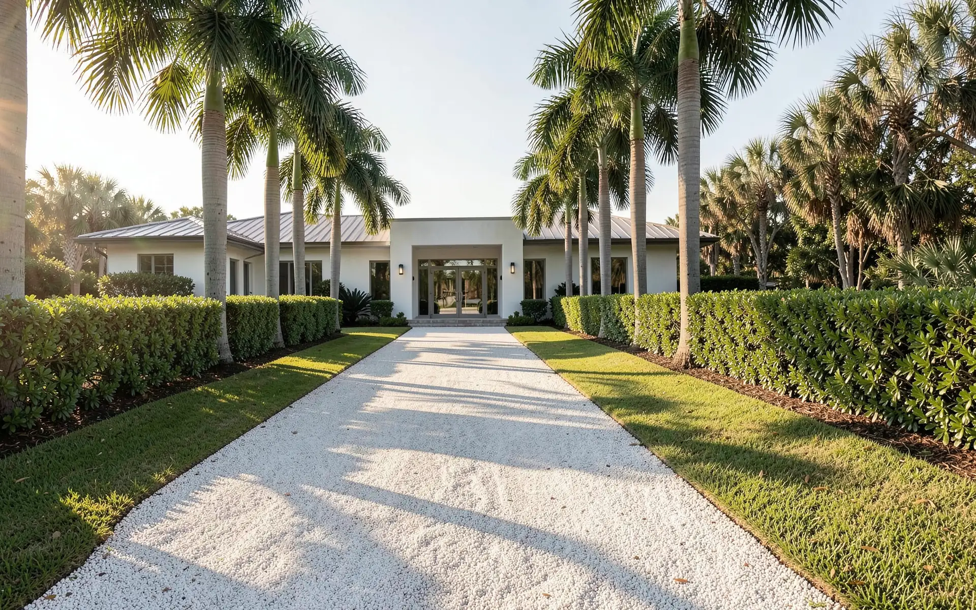 A crushed-shell drive between clipped hedges and royal palms leading to a white modern residence at golden hour (illustrative, generated).