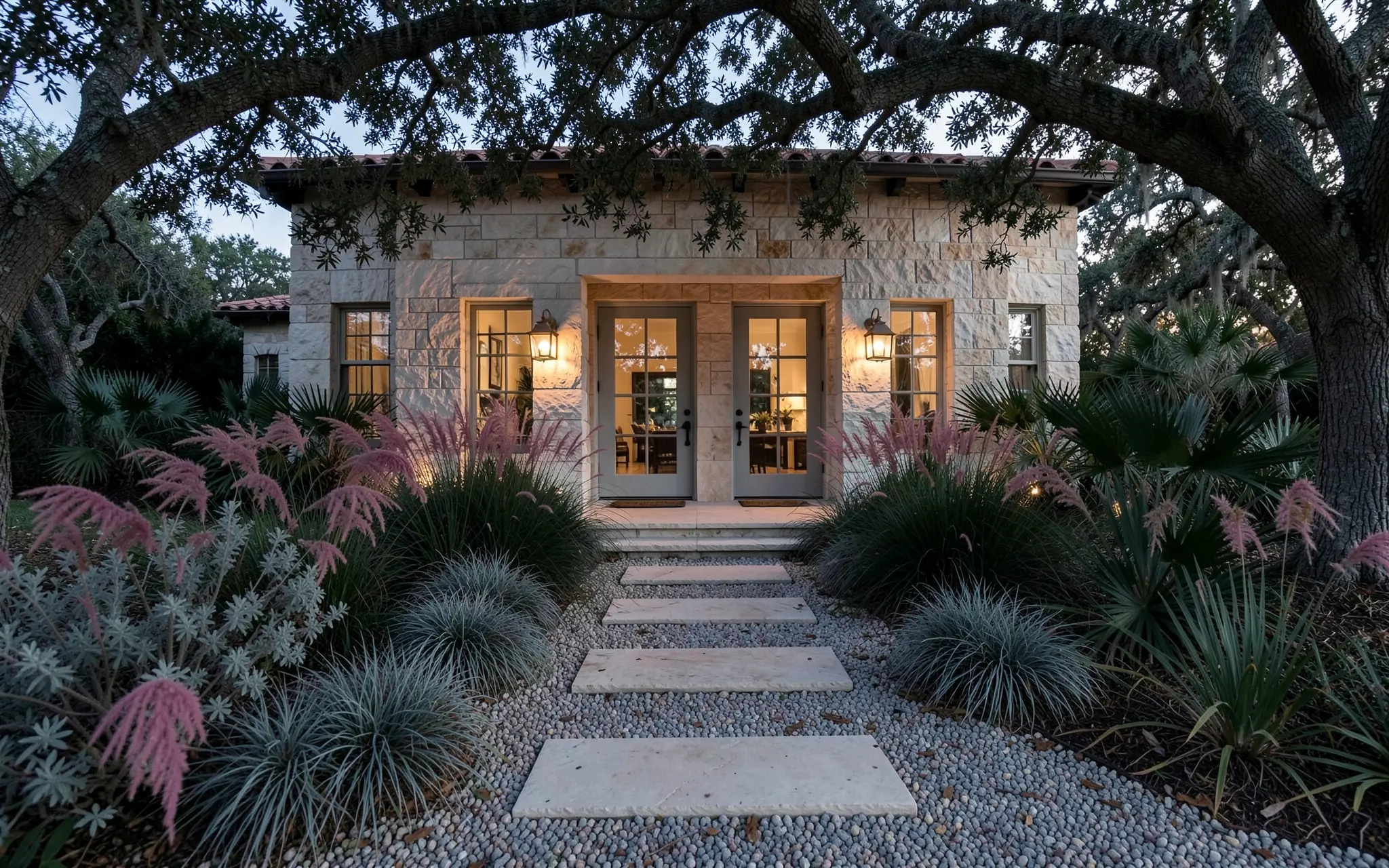 A lit stone loggia under live oaks, reached by stepping stones through pink ornamental grasses and palmetto at dusk (illustrative, generated).