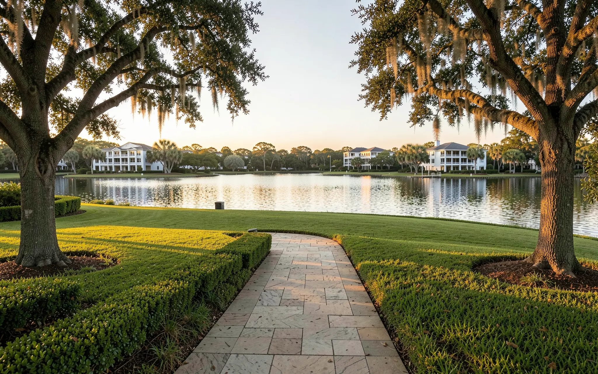 A manicured lakefront condominium lawn framed by live oaks, white residences reflected in the lake at golden hour (illustrative, generated).