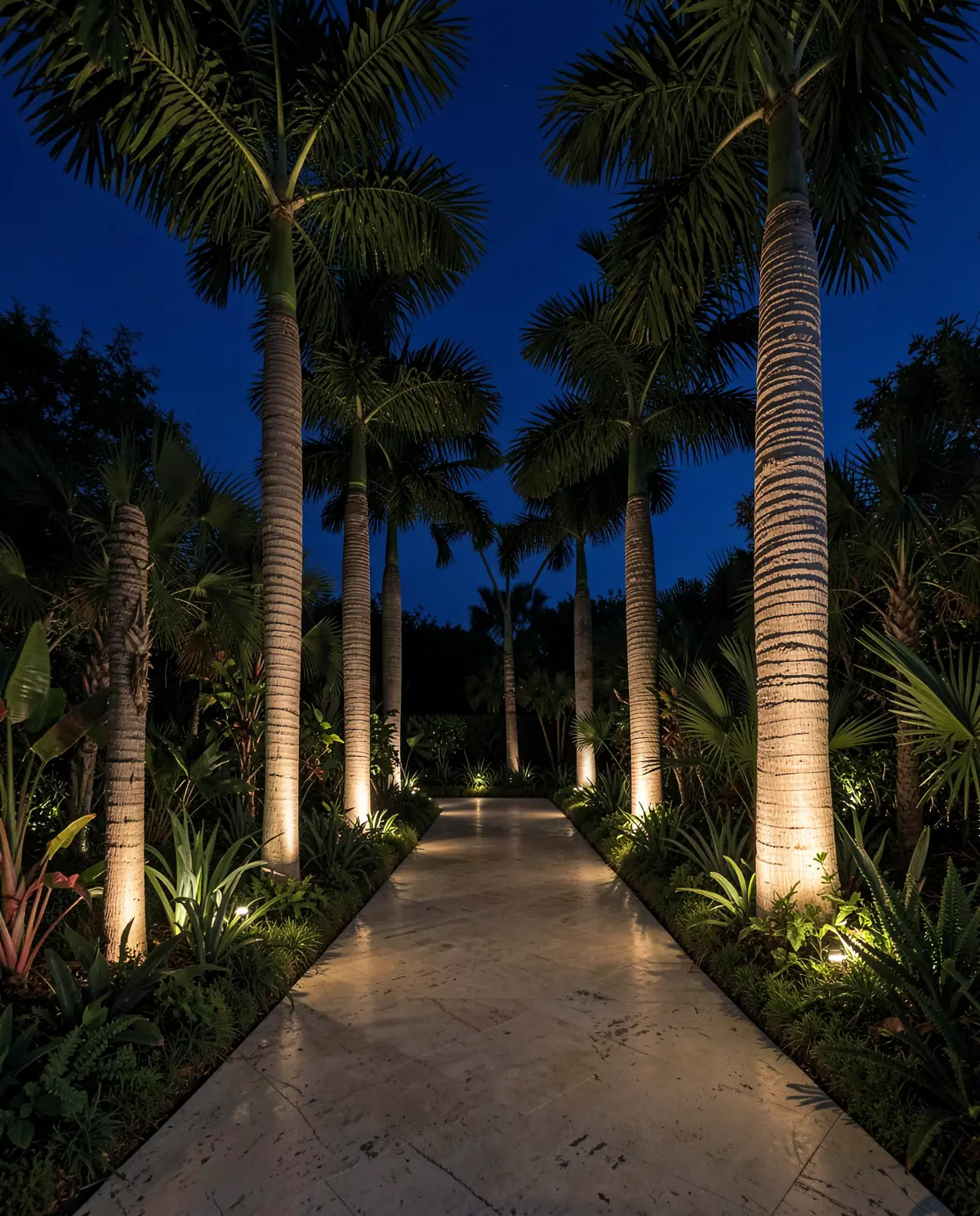 Royal palm trunks uplit at night beside a travertine garden path (illustrative, generated).