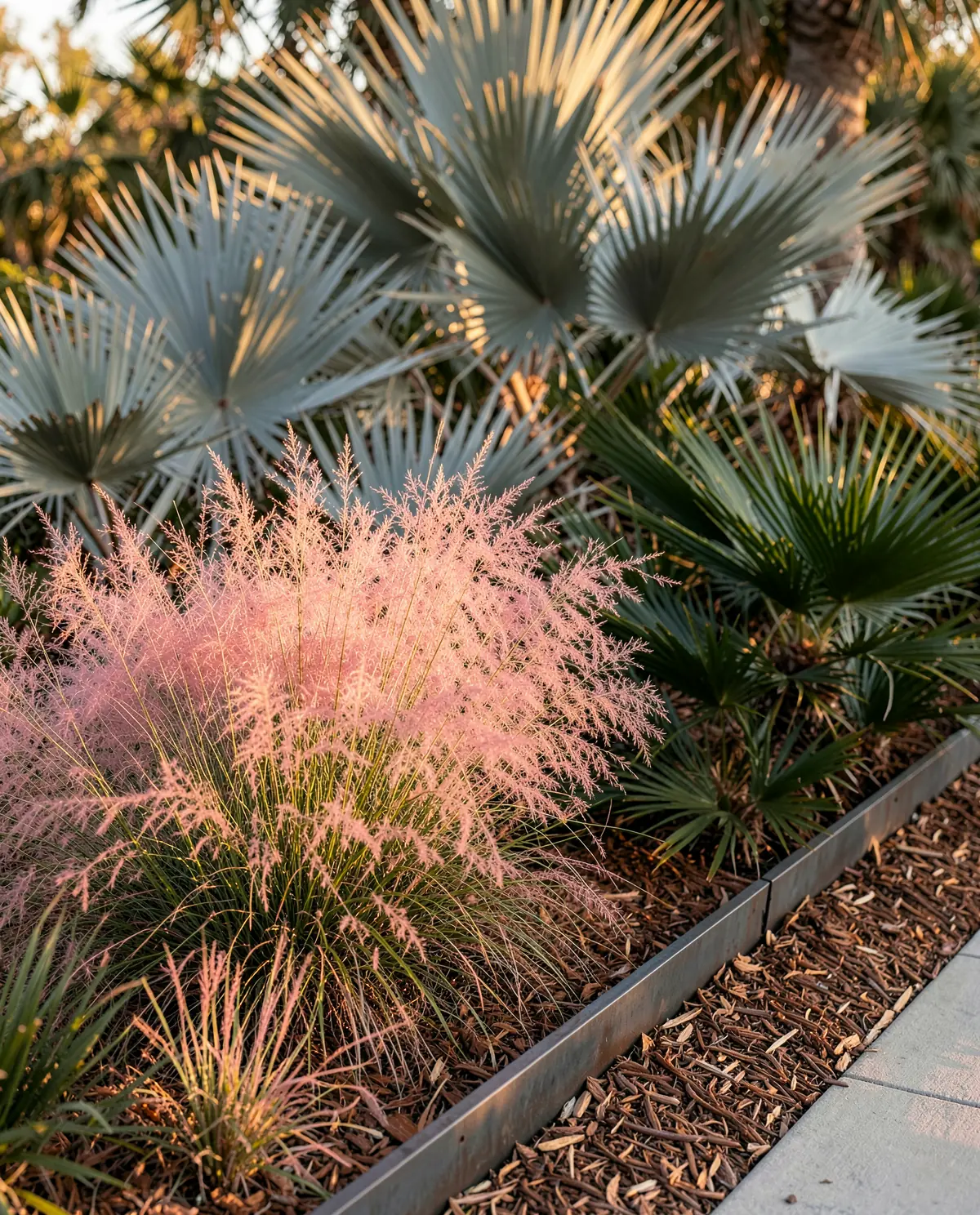 An airy haze of pink muhly grass before silver palmetto fans, held by a thin steel edge (illustrative, generated).